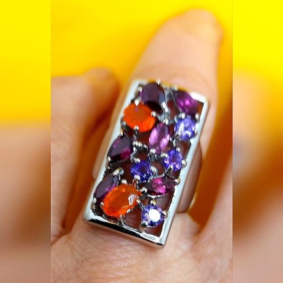 Natural Orange Opal, Amethyst, Rhodolite 925 Sterling Silver Ring Sz 7.5 - Picture 7 of 10